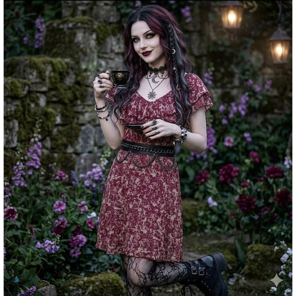Whimsigoth Odille Fairycore Romantic Midi Womens S Burgundy Floral Ruffle Boho